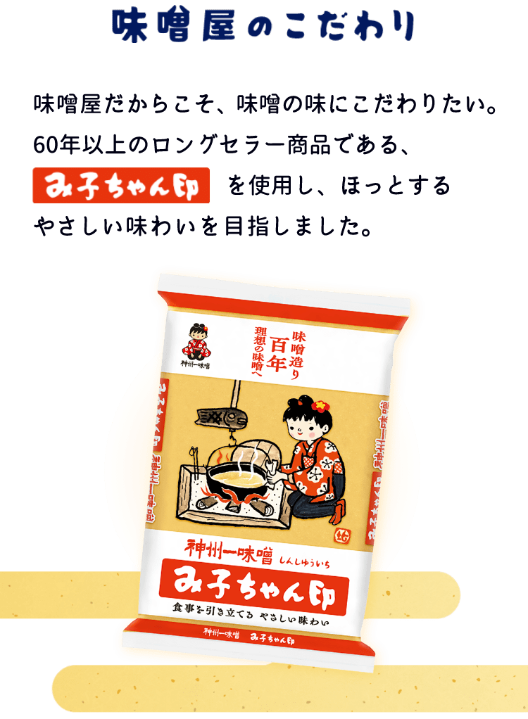 味噌屋のこだわり　味噌屋だからこそ、味噌の味にこだわりたい。60年以上のロングセラー商品である、「み子ちゃん印」を使用し、ほっとするやさしい味わいを目指しました。