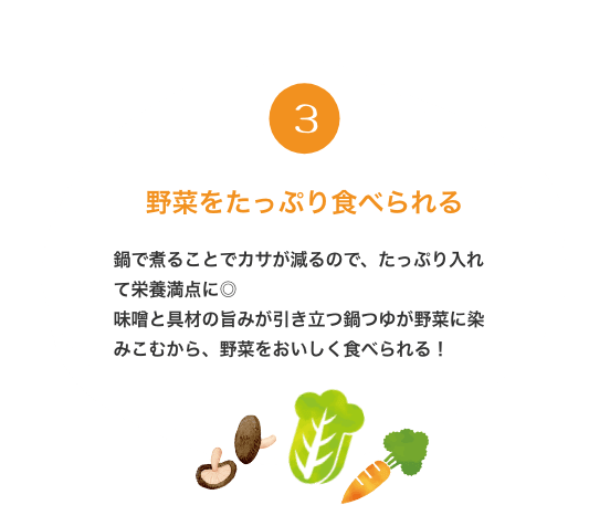 3. 野菜をたっぷり食べられる 鍋で煮ることでカサが減るので、たっぷり入れて栄養満点に◎ 味噌と具材の旨みが引き立つ鍋つゆが野菜に染みこむから、野菜をおいしく食べられる！