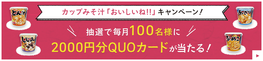 カップみそ汁「おいしいね!!」キャンペーン！抽選で毎月100名様に2000円分QUOカードが当たる！
