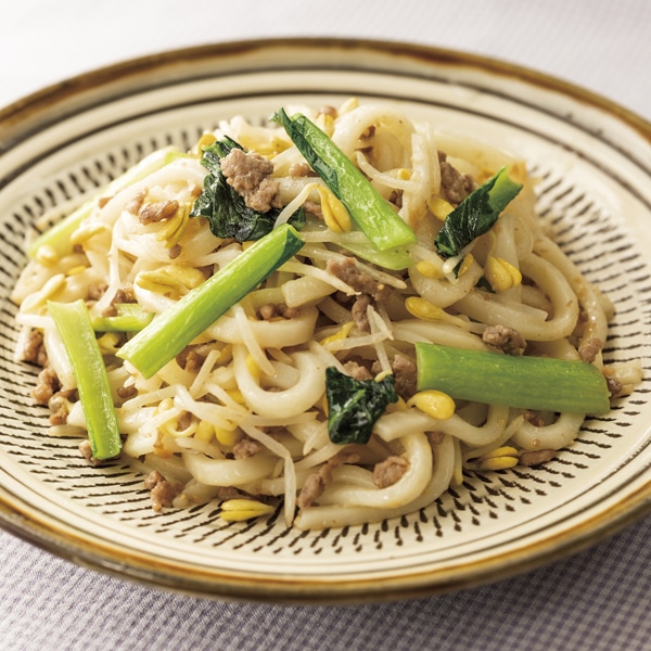 豆もやしと小松菜の味噌焼きうどん